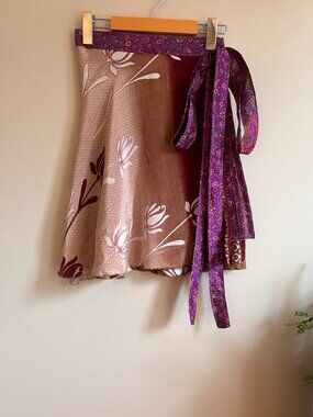 Reversible Vintage Silk Sari Wrap Skirt | One Size | Purple Floral & Bronze Flor